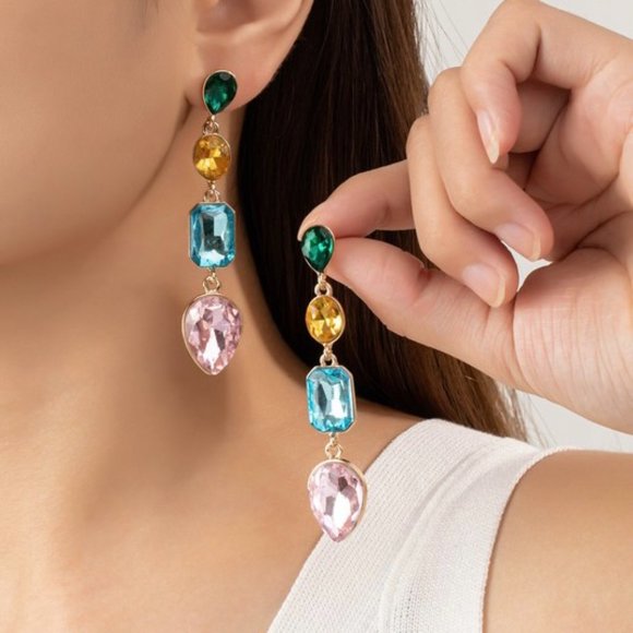 TERRY MULTI COLOR RHINESTONE DROP EARRINGS - Picture 2 of 2